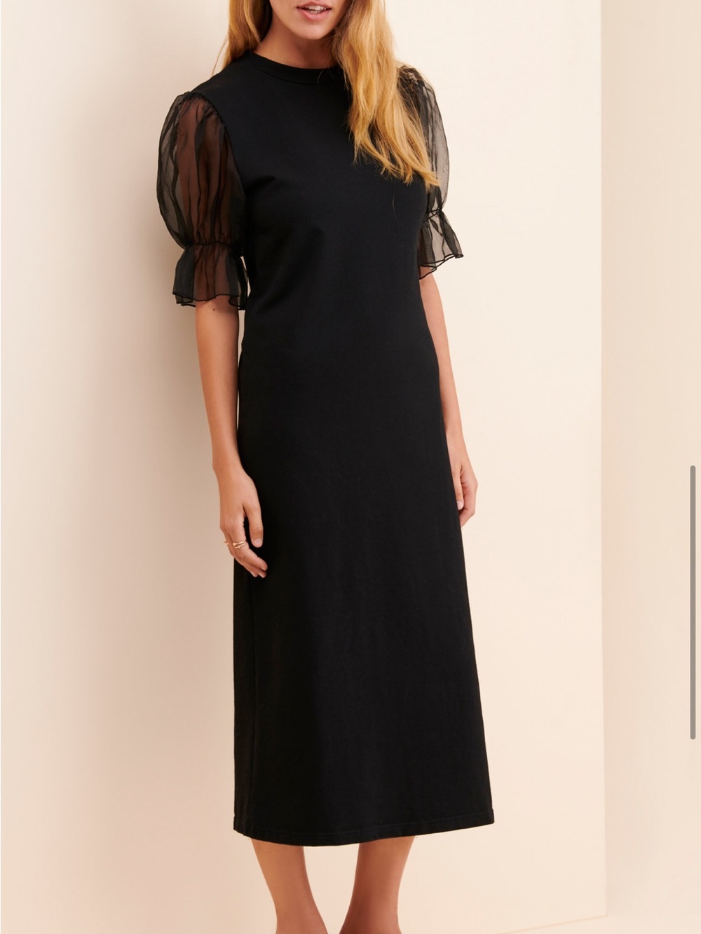 Classic Black Midi Dress with Sheer Puff Sleeves